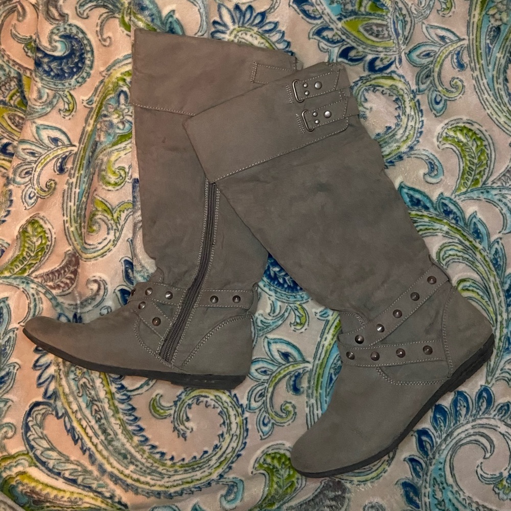 gray knee high boots